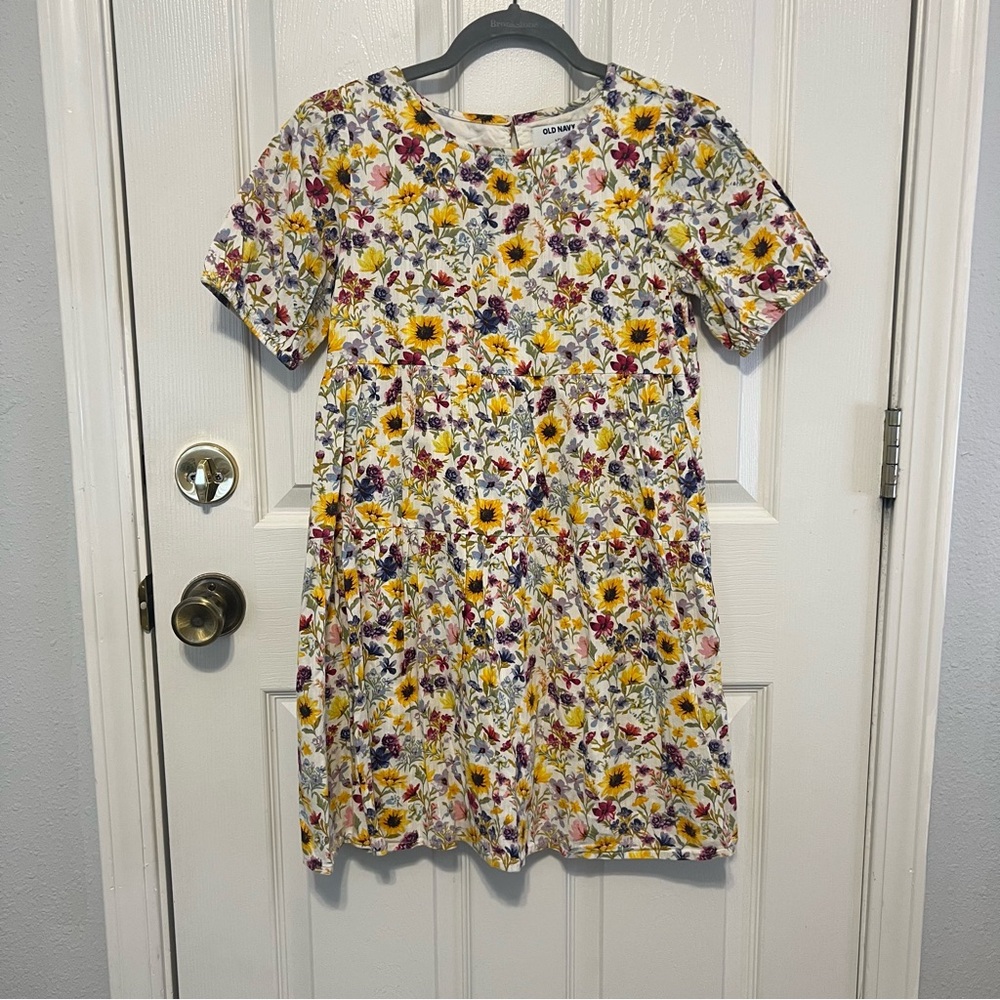Old Navy Puff Sleeve Floral Tiered Swing Dress Girls Size Large 10-12